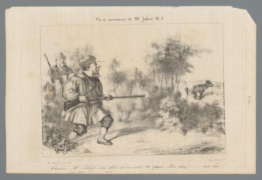 Two hunters and a defecating dog among the shrubbery