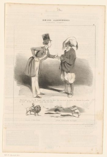 Two men in conversation, child riding a lion and fighting children