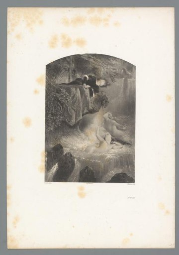 Man Watching Swimming Women Between Waterfalls