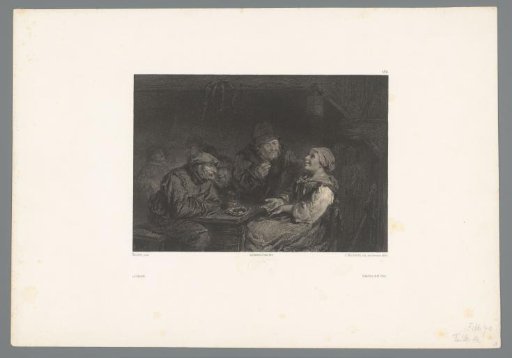 Men at an inn table listening attentively to a woman