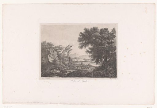 Mountain landscape in Italy with bridge and man on a donkey
