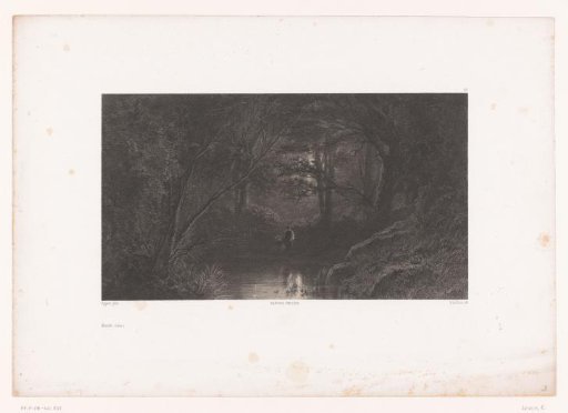 Two figures by a moonlit pond in the forest