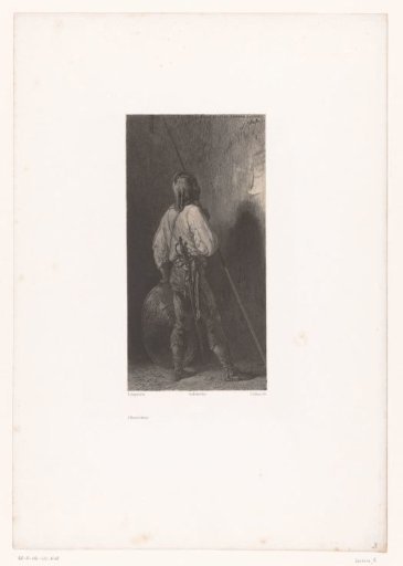Soldier with spear and shield on guard at a window
