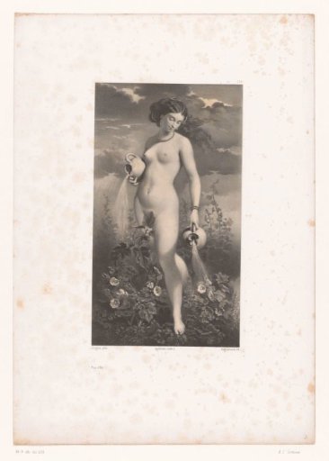 Nude woman giving water to flowers with two jugs