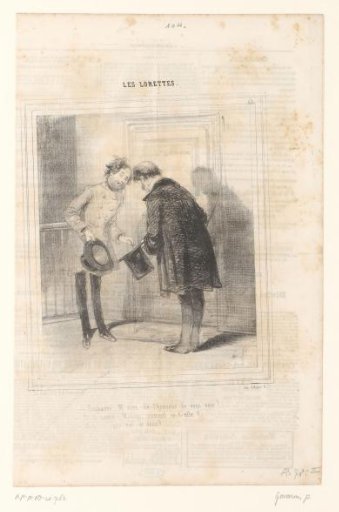 Two men exchanging courtesies at the door of a house