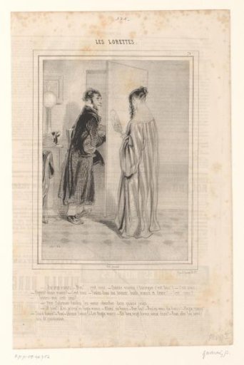 Caricature of a Jewish parcel delivery man negotiating with a woman