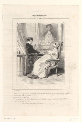 Two women speaking to each other before a painted portrait