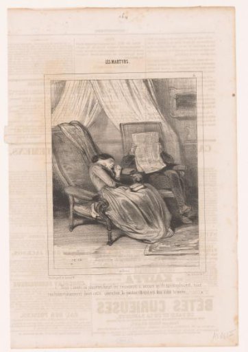 Man reading to a sleeping woman from the newspaper