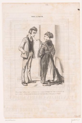 Girl with a broom receiving instructions from her father