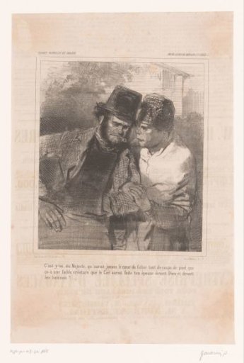 Working-class couple leaving an inn arm in arm