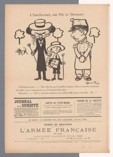 Caricature of an intellectual with his son and a soldier