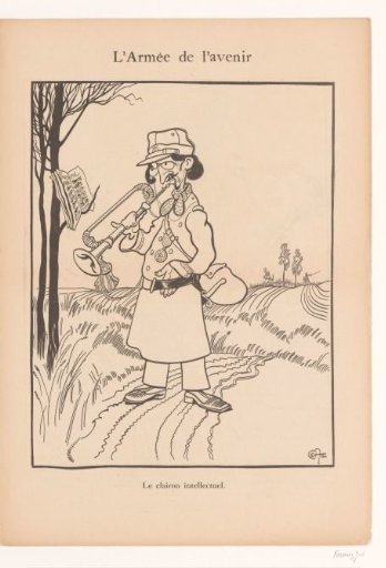 Caricature of a bugler in the army as an intellectual