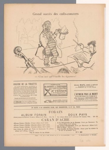 Caricature of a figure collecting signatures during a concert