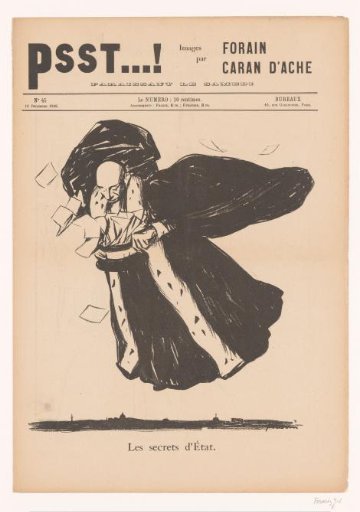Caricature of the State as a king with a hat full of secret letters