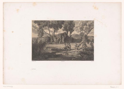 Mountain Landscape with Three Fauns by a Stream