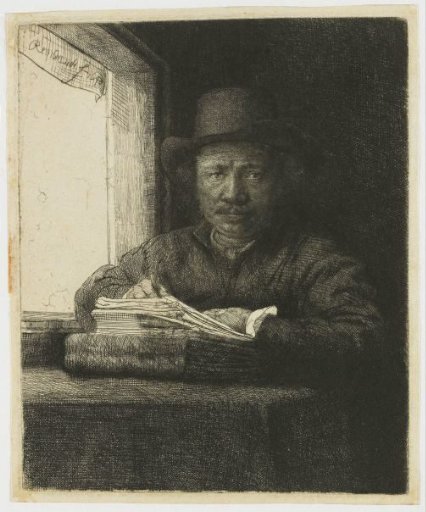 Self-portrait etching at a window