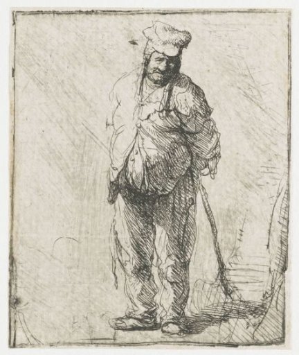 Ragged peasant with his hands behind him, holding a stick