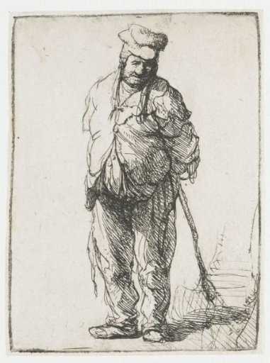 Ragged peasant with his hands behind him, holding a stick