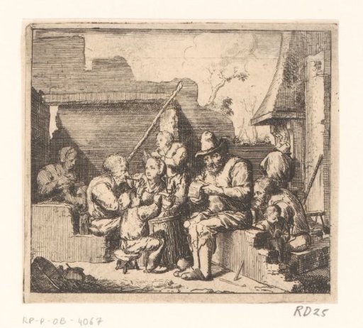 Ruin with a man reading surrounded by nine figures