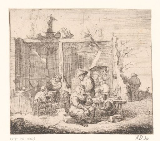 Family in a ruin of a house