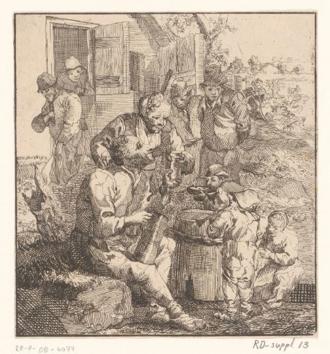 Nine figures at the entrance of a house