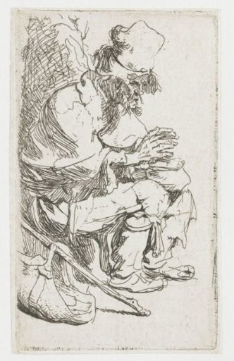 Beggar seated warming his hands at a chafing dish