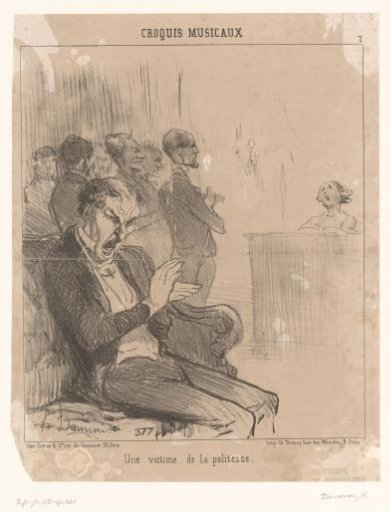 Man applauds, yawning, for a singer behind a piano