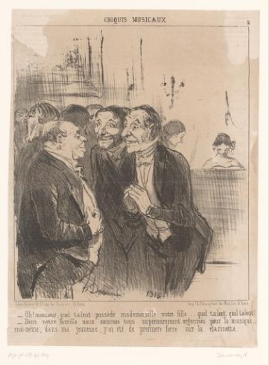 Caricature of two men complimenting the father of a singer