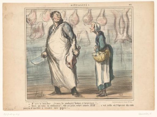 Old woman addresses a butcher