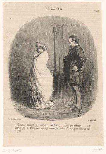 Woman shows her newly purchased scarf to her husband