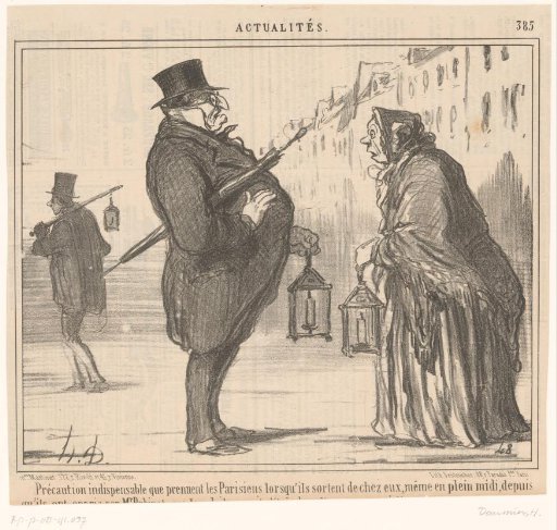 Monsieur Prudhomme and an old woman with lantern and umbrella