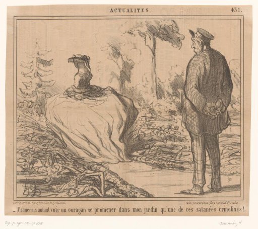 Man sees woman with a crinoline walking through his garden