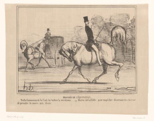 Caricature of a rider riding backwards