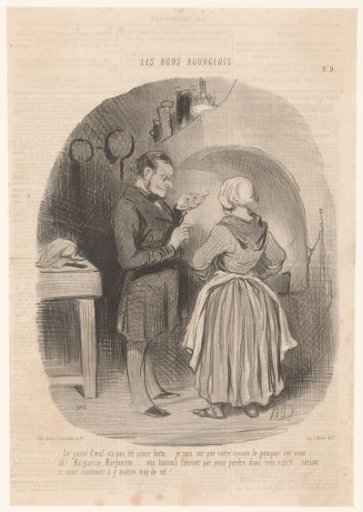 Master tasting an egg from his kitchen maid