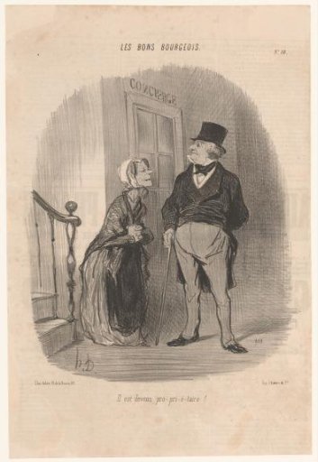 Wealthy citizen with an old woman in a stairwell