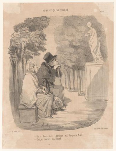 Old man and woman admire the Medici Venus in a park
