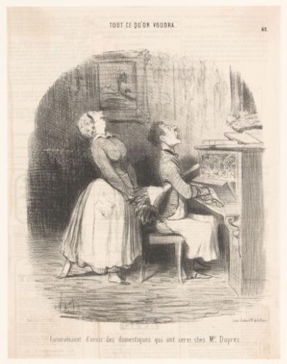 Caricature of a singing man and woman at a piano