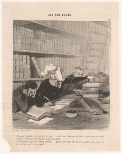 Caricature of a writing woman in the library