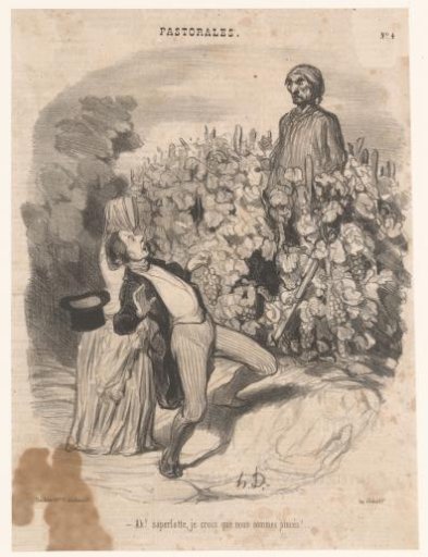 Winegrower startling a grape-picking couple