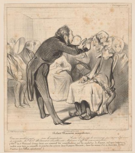 Robert Macaire magnetises Bertrand, disguised as an old woman