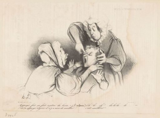 Two women applying an eye patch to a child