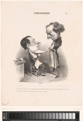 Caricature of a barber sharpening his razor