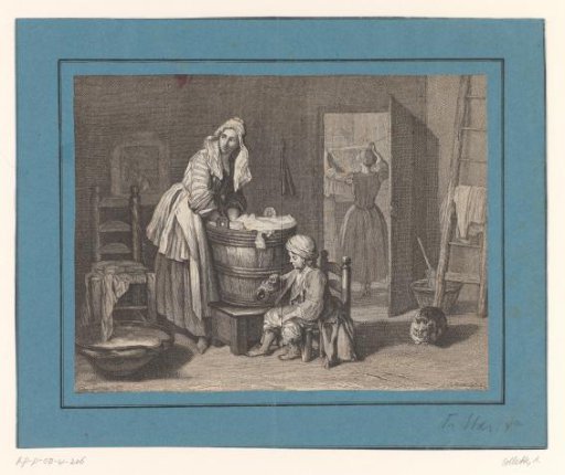 Interior with women washing and a child blowing bubbles