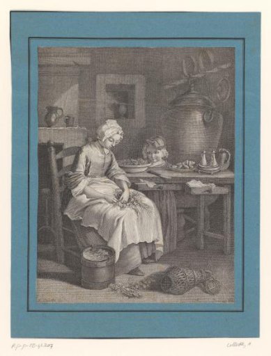 Kitchen interior with woman and child