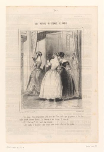 Two young women gossiping about the dress of a third woman