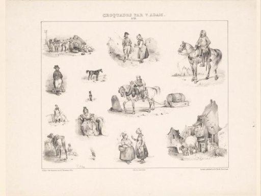 Thirteen views from daily life with various human figures and horses