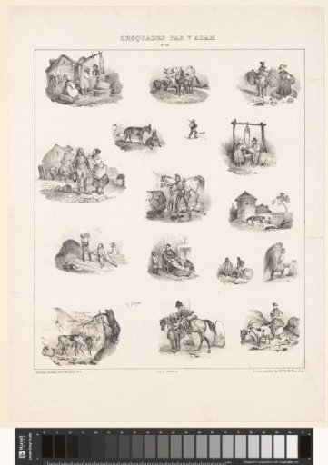 Sixteen views from daily life with various human figures and animals