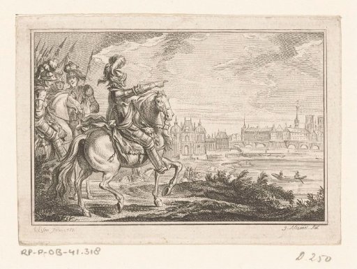 King Henry IV on horseback, pointing towards the city of Paris
