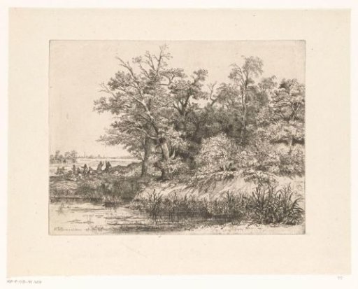Dancing Figures by the Water near a Forest
