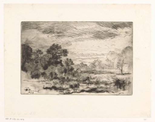 Landscape with a drinking cow at the water's edge